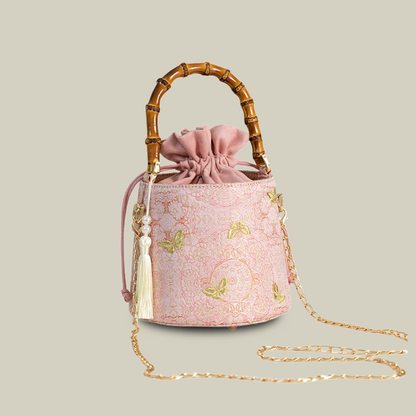 Golden Butterfly Embroidered Bucket Bag(Pink/Purple)
