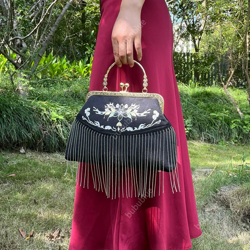 Floral Embroidered Vintage Black Evening Bag with Tassel
