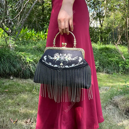 Floral Embroidered Vintage Black Evening Bag with Tassel
