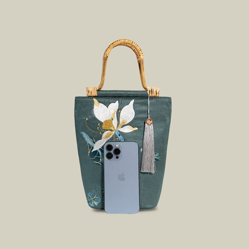 Lotus Embroidered Tote Bag with Bamboo Handle