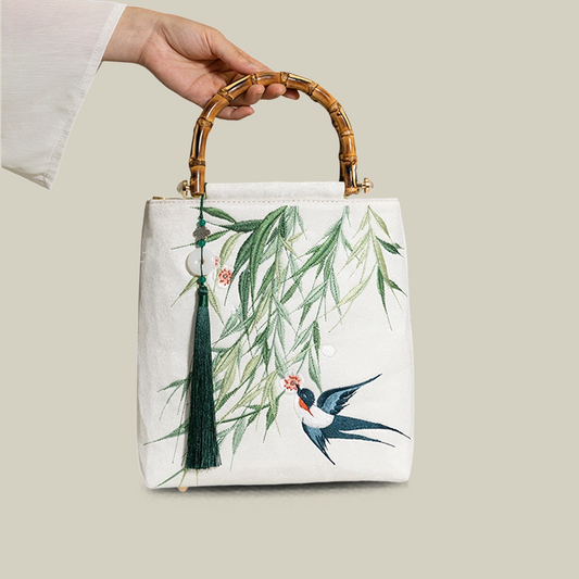 Swallow & Willow Embroidered White Tote Bag with Bamboo Handle