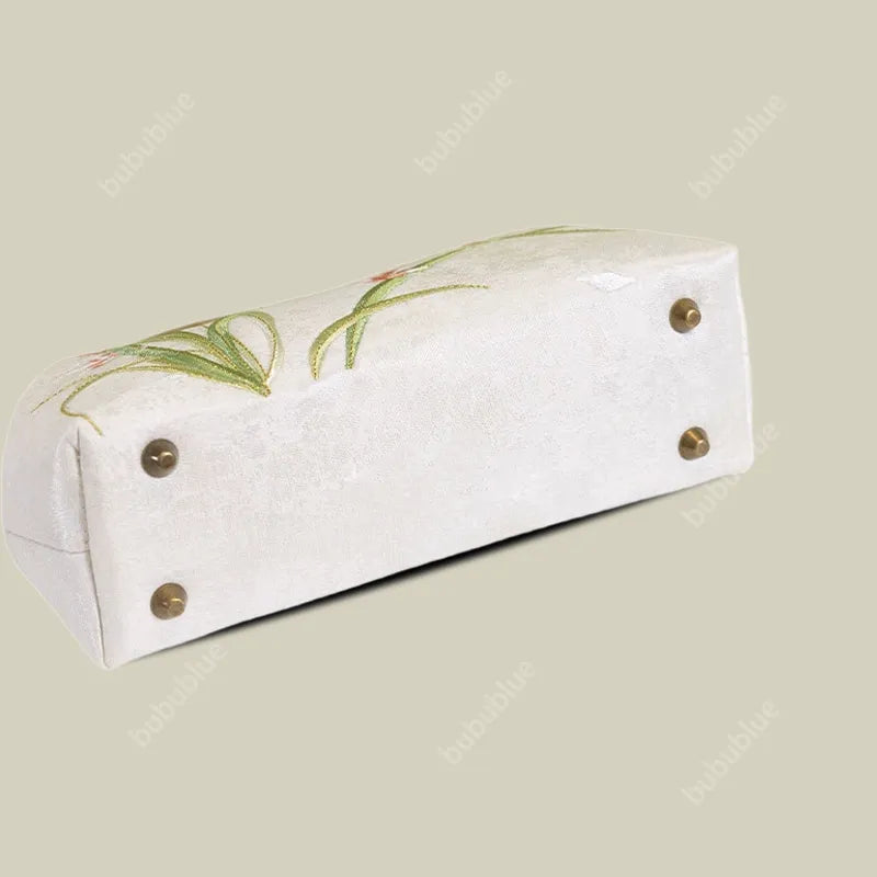 Orchid Embroidery White Handbag With Round Metal Handles