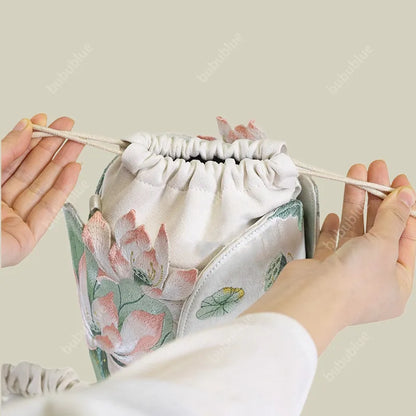 Lotus Embroidered Vintage Drawstring Green Bucket Bag with Soft Handle