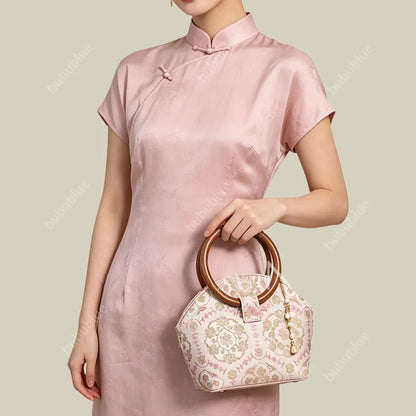 Round Wood Handle Shell Pink Brocade Bag Shaped Purse with Tasse