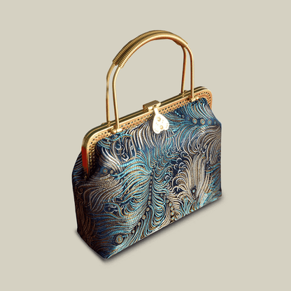 Peacock Blue Brocade Texture & Metal Handle Handbag