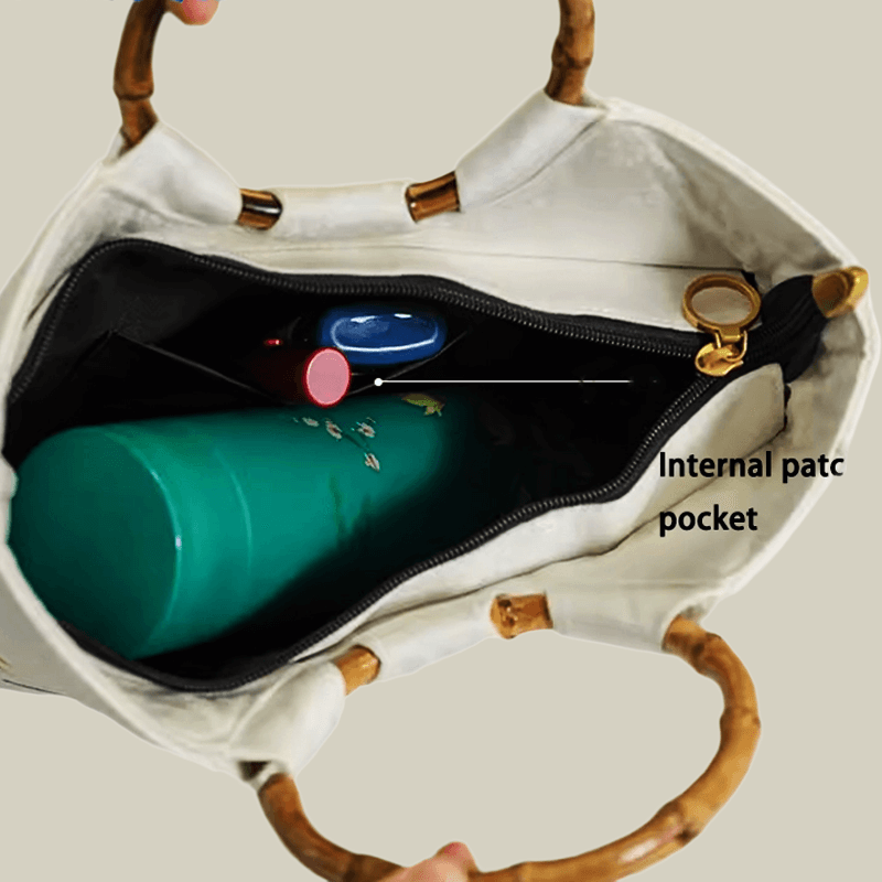 Bamboo Embroidered White Tote Bag with Bamboo Handle