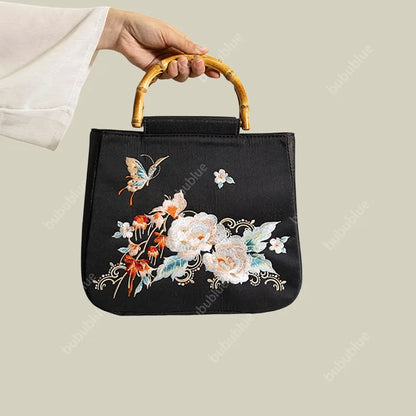 Butterfly Embroidered Floral Bamboo Black Tote Bag with Handle Bag