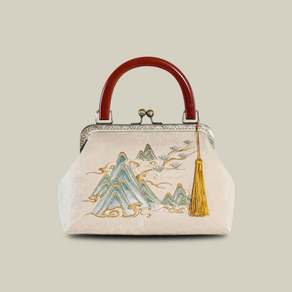 Mountain Mist Embroidered White Handbag with Vintage Metal Kiss-Lock