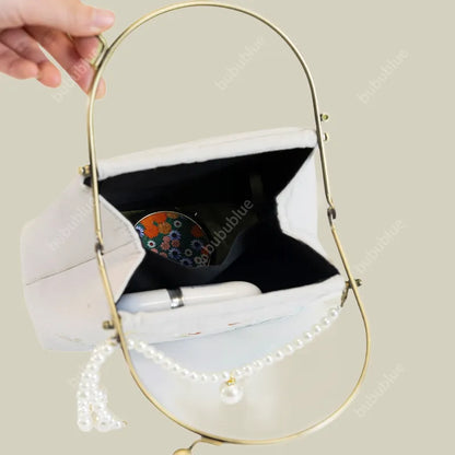 Cotton And Linen Orchid Embroidery Handbag With Pearl Chain (White/Red/Orange-Brown)