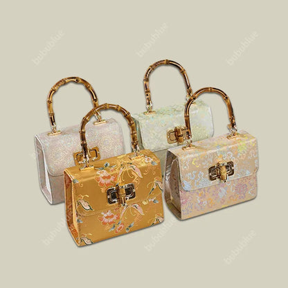 Gold Brocade Square Clutch Box with Bamboo Handle