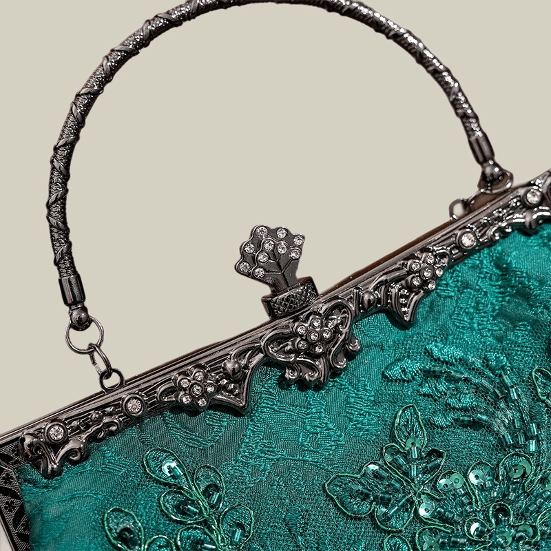 Emerald Embroidery Luxury Elengant  Handbags With Vintage Metal Handle