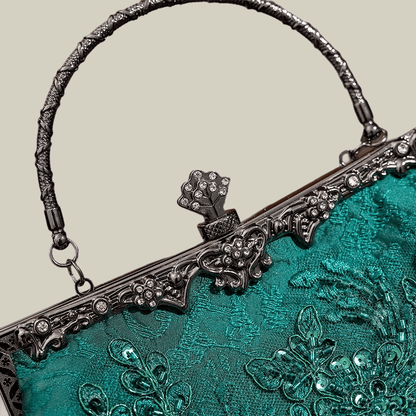 Emerald Embroidery Luxury Elengant  Handbags With Vintage Metal Handle