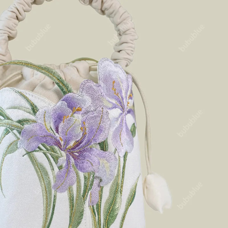 Purple Iris Embroidered Drawstring Bucket Bag