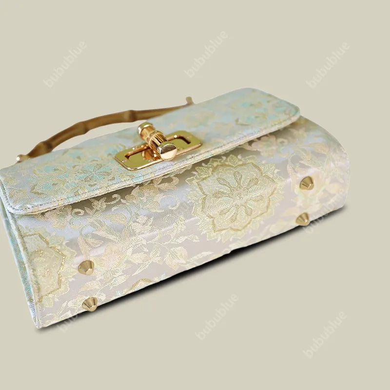 Vintage Gold Brocade Boston Evening Purse with Bamboo Handle