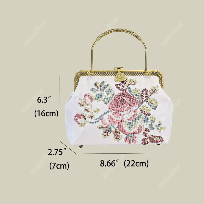 Vintage Rose Embroidered Purse with Metal Handle