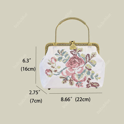 Vintage Rose Embroidered Purse with Metal Handle