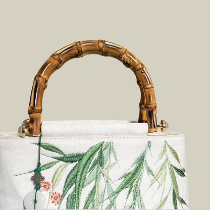 Swallow & Willow Embroidered White Tote Bag with Bamboo Handle