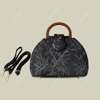 Bamboo Leaf Print Wooden Handle Shell Bag with Crossbody Strap