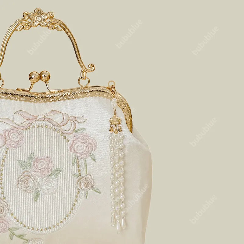 Vintage Rose Embroidered Handbag with Pearl Tassel & Gold Handle