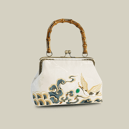 Embroidered Crane Handbag with Metal Kiss Lock