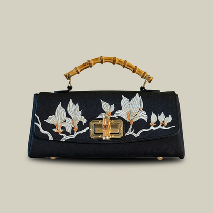 Magnolia Embroidered Boston Bag with Crossbody Chain