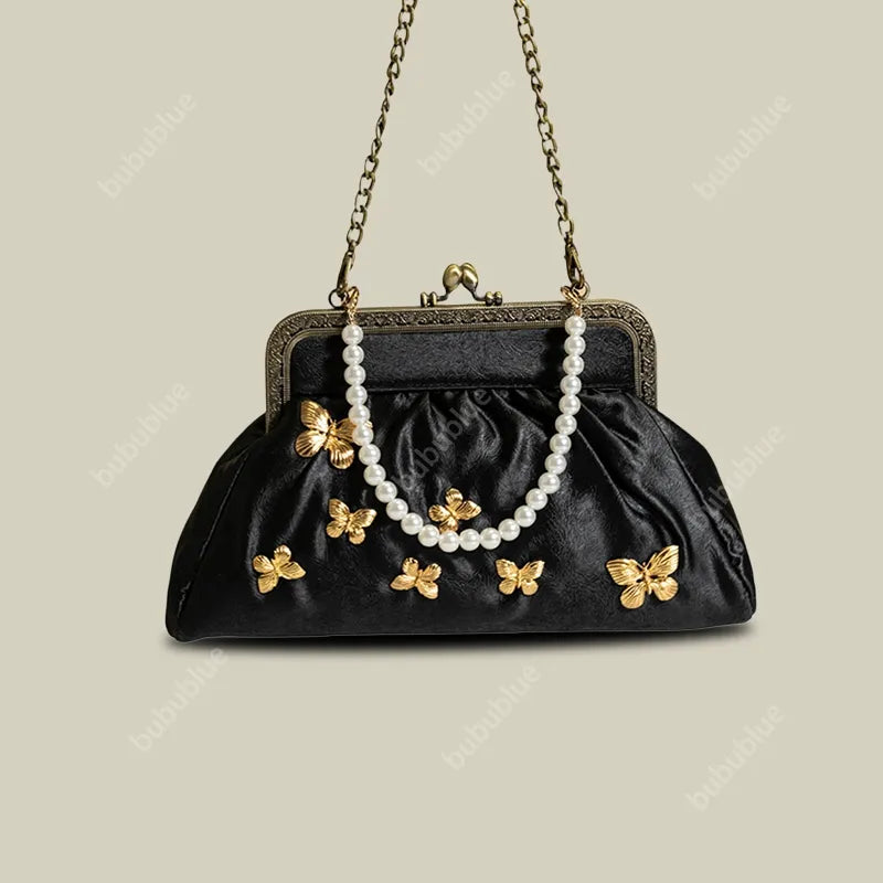Vintage French Light Luxury Butterfly Embroidery Kiss Lock Black Evening Clutch
