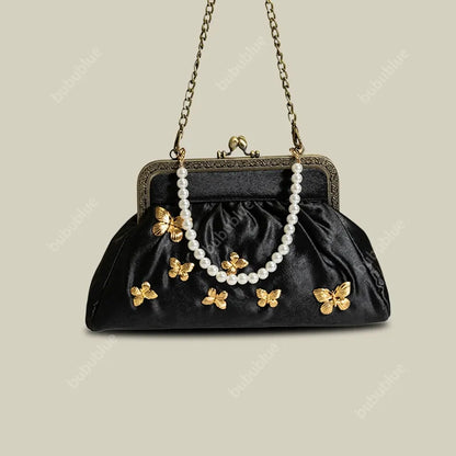 Vintage French Light Luxury Butterfly Embroidery Kiss Lock Black Evening Clutch
