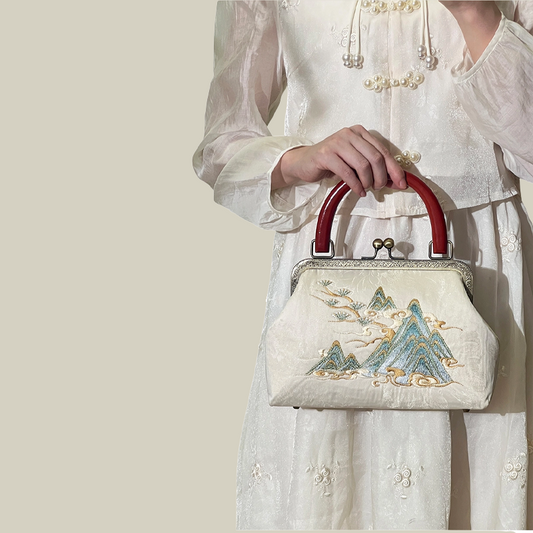 Mountain Mist Embroidered White Handbag with Vintage Metal Kiss-Lock