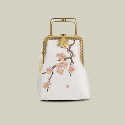 Plum Blossom Embroidery Handbag with Unique Metal Handle