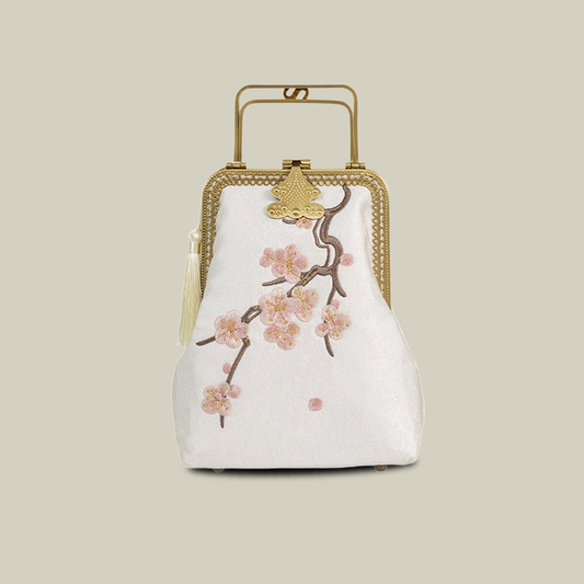 Plum Blossom Embroidery Handbag with Unique Metal Handle