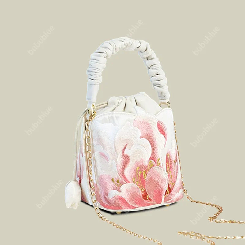 Peony Embroidered Vintage Bucket Bag with Drawstring Closure
