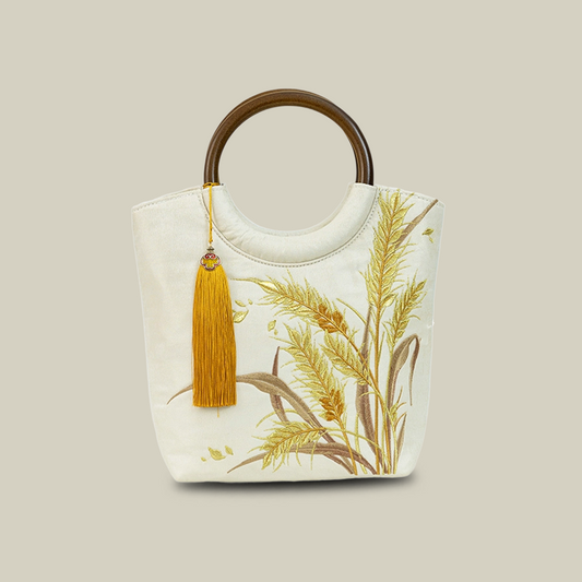 Golden Wheat Embroidered Tote Bag with Tassel
