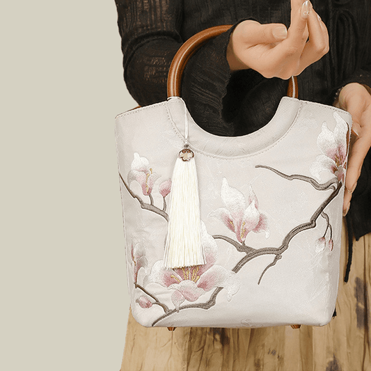 Magnolia Blossom Embroidered White Tote Bag