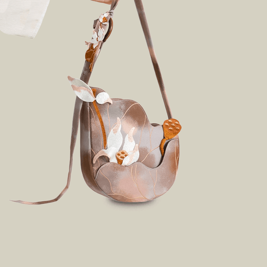 3D Lotus Embroidered Tie-dye Brown Crossbody Bag