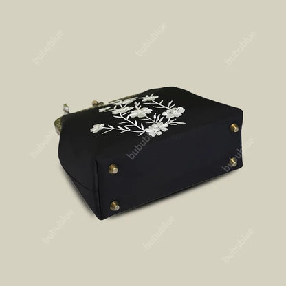 Milk Silk White Nightshade Embroidered Small Square Bag With Leather Handle