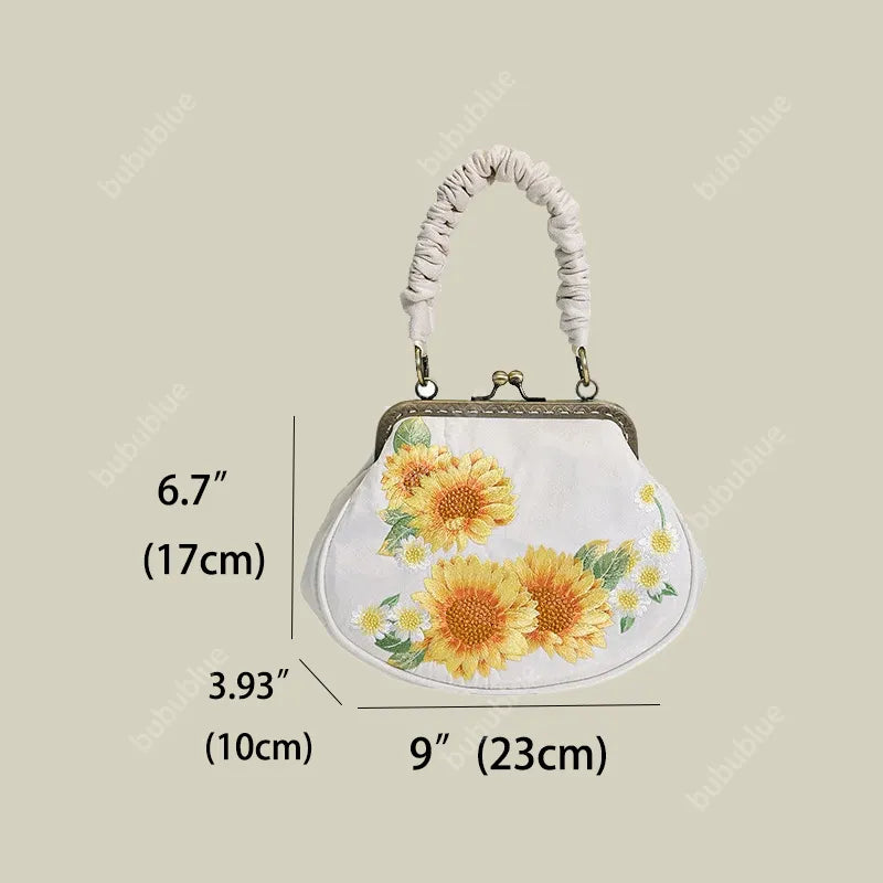 Sunflower Embroidered  Vintage Shell Purse with Kiss Lock