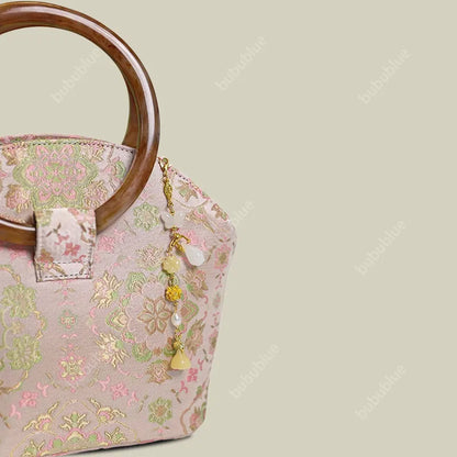 Round Wood Handle Shell Pink Brocade Bag Shaped Purse with Tasse