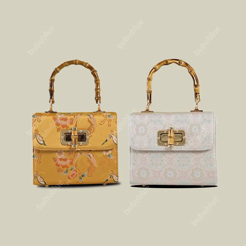 Gold Brocade Square Clutch Box with Bamboo Handle