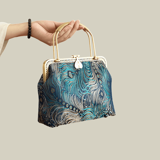 Peacock Blue Brocade Texture & Metal Handle Handbag