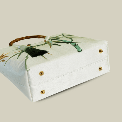 Bamboo Embroidered White Tote Bag with Bamboo Handle