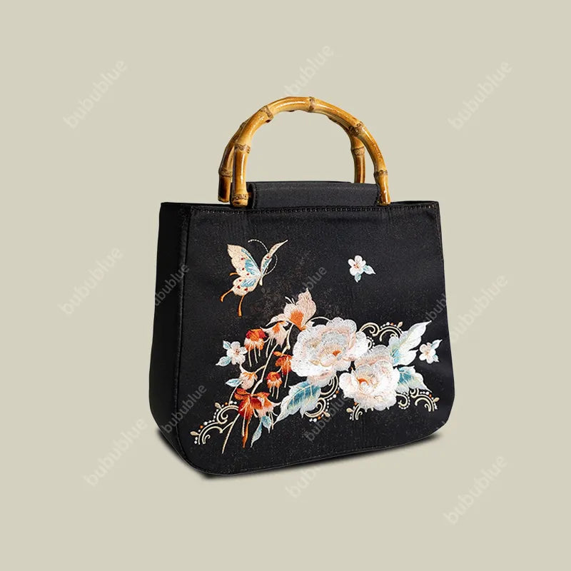 Butterfly Embroidered Floral Bamboo Black Tote Bag with Handle Bag