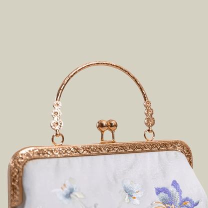 Butterfly Embroidered White Kiss-Lock Handbag