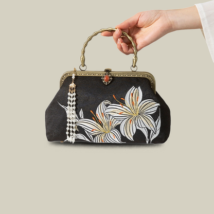 Lily Embroidered Handbag with Pearl Tassel