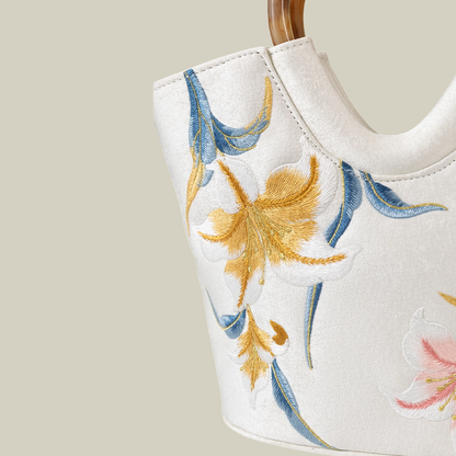 Lily Embroidered Tote Bag with Heart Handle