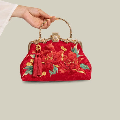 Red Peony Bloom Embroidered Handbag Bag with Pearl Handle