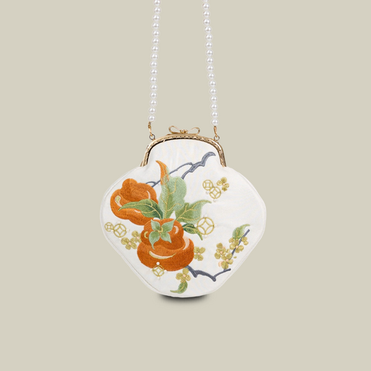 Persimmon Embroidered Pearl Chain Kiss-Lock Crossbody Bag