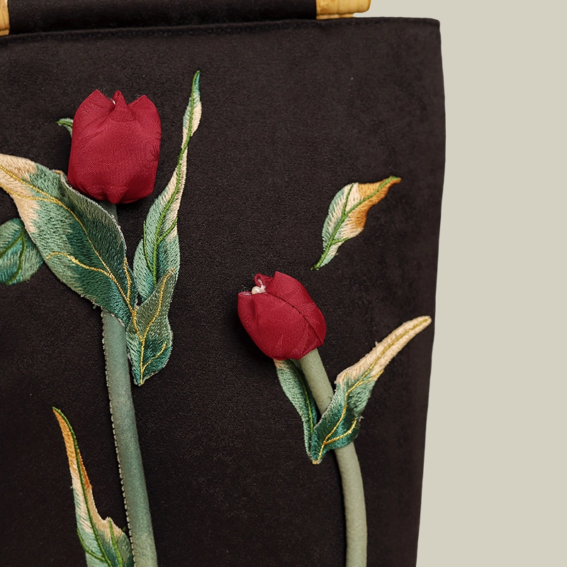 3D Rose Embroidered Black Tote Bag with Bamboo Handle