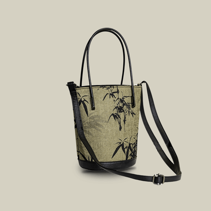 Ink Bamboo Printed Green Bucket Bag with Leather Strap