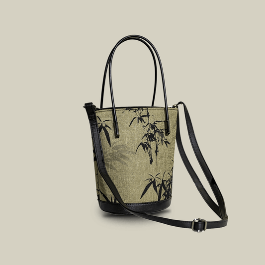 Ink Bamboo Leaf Printed Green Bucket Bag with Leather Strap