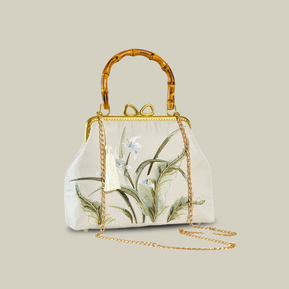 Beige Wild Meadow Embroidered Handbag – with Bow Kiss-Lock